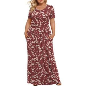 imageLONGYUAN Womens Plus Size Maxi Dresses for Curvy Women Summer Short Sleeve Casual 2025 Long Dress XL6XLVermilionplum Blossom