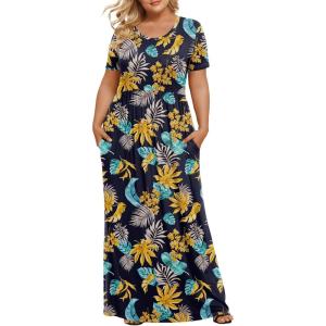 imageLONGYUAN Womens Plus Size Maxi Dresses for Curvy Women Summer Short Sleeve Casual 2025 Long Dress XL6XLYellow Leafnavy Blue