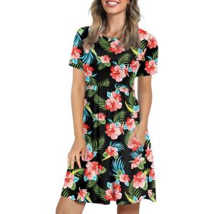 imageLONGYUAN Womens Casual Dresses 2025 Summer Short Sleeve Dress Hide Belly Loose Fit Sundress with Pockets S3XLBlackhibiscus