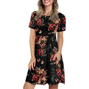 imageLONGYUAN Womens Casual Dresses 2025 Summer Short Sleeve Dress Hide Belly Loose Fit Sundress with Pockets S3XLBrown Floral Black