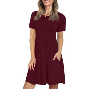 imageLONGYUAN Womens Casual Dresses 2025 Summer Short Sleeve Dress Hide Belly Loose Fit Sundress with Pockets S3XLBurgundy