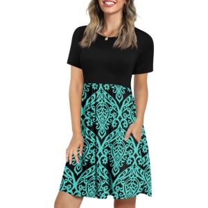 imageLONGYUAN Womens Casual Dresses 2025 Summer Short Sleeve Dress Hide Belly Loose Fit Sundress with Pockets S3XLFl Blackturquoise