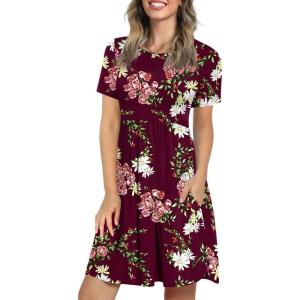 imageLONGYUAN Womens Casual Dresses 2025 Summer Short Sleeve Dress Hide Belly Loose Fit Sundress with Pockets S3XLFloral Claret
