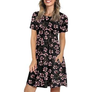 imageLONGYUAN Womens Casual Dresses 2025 Summer Short Sleeve Dress Hide Belly Loose Fit Sundress with Pockets S3XLFloral Gypsophila Black