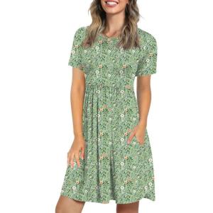 imageLONGYUAN Womens Casual Dresses 2025 Summer Short Sleeve Dress Hide Belly Loose Fit Sundress with Pockets S3XLGreen Flowers