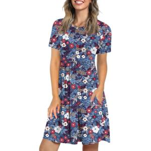 imageLONGYUAN Womens Casual Dresses 2025 Summer Short Sleeve Dress Hide Belly Loose Fit Sundress with Pockets S3XLMixed Blue Redflower