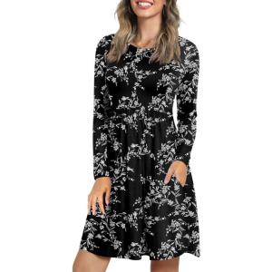 imageLONGYUAN Womens Long Sleeve Dresses Casual Loose Fit Swing Dress Hide Belly with Pockets1black Carving