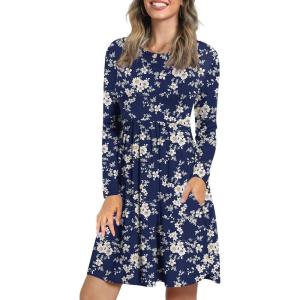 imageLONGYUAN Womens Long Sleeve Dresses Casual Loose Fit Swing Dress Hide Belly with Pockets1white Floret