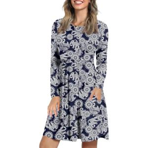 imageLONGYUAN Womens Long Sleeve Dresses Casual Loose Fit Swing Dress Hide Belly with Pockets1white Sunflower