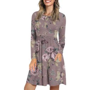 imageLONGYUAN Womens Long Sleeve Dresses Casual Loose Fit Swing Dress Hide Belly with PocketsBean Red