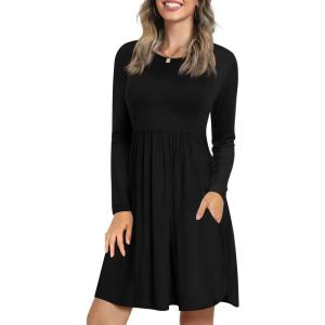imageLONGYUAN Womens Long Sleeve Dresses Casual Loose Fit Swing Dress Hide Belly with PocketsBlack