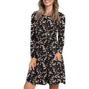 imageLONGYUAN Womens Long Sleeve Dresses Casual Loose Fit Swing Dress Hide Belly with PocketsBlack Plum