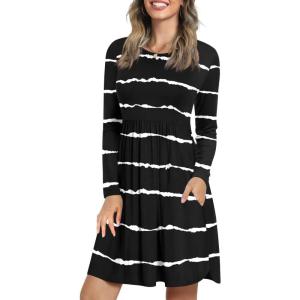 imageLONGYUAN Womens Long Sleeve Dresses Casual Loose Fit Swing Dress Hide Belly with PocketsBlack Stripe