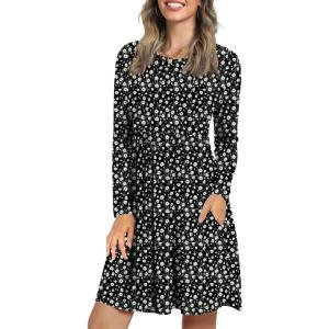 imageLONGYUAN Womens Long Sleeve Dresses Casual Loose Fit Swing Dress Hide Belly with PocketsBlackwhite Daisy