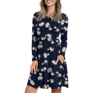 imageLONGYUAN Womens Long Sleeve Dresses Casual Loose Fit Swing Dress Hide Belly with PocketsBlue Lily