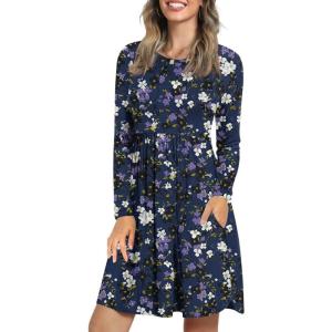 imageLONGYUAN Womens Long Sleeve Dresses Casual Loose Fit Swing Dress Hide Belly with PocketsBlue Purple Fl