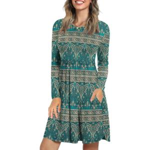 imageLONGYUAN Womens Long Sleeve Dresses Casual Loose Fit Swing Dress Hide Belly with PocketsBluekhaki