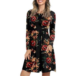 imageLONGYUAN Womens Long Sleeve Dresses Casual Loose Fit Swing Dress Hide Belly with PocketsBrown Floral Black