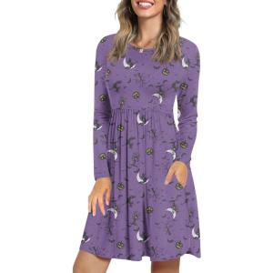 imageLONGYUAN Womens Long Sleeve Dresses Casual Loose Fit Swing Dress Hide Belly with PocketsDark Night Bat Purple