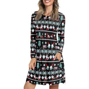 imageLONGYUAN Womens Long Sleeve Dresses Casual Loose Fit Swing Dress Hide Belly with PocketsDeco With Christmas