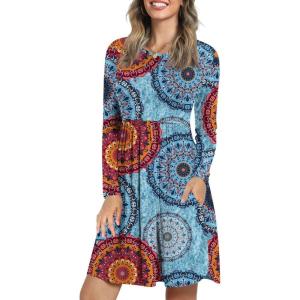 imageLONGYUAN Womens Long Sleeve Dresses Casual Loose Fit Swing Dress Hide Belly with PocketsFl Mix Blue