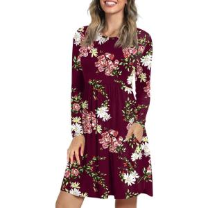 imageLONGYUAN Womens Long Sleeve Dresses Casual Loose Fit Swing Dress Hide Belly with PocketsFloral Wine