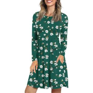 imageLONGYUAN Womens Long Sleeve Dresses Casual Loose Fit Swing Dress Hide Belly with PocketsGreen Begonia Fl