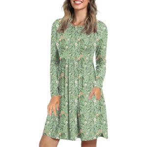 imageLONGYUAN Womens Long Sleeve Dresses Casual Loose Fit Swing Dress Hide Belly with PocketsGreen Flowers