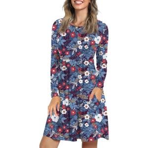 imageLONGYUAN Womens Long Sleeve Dresses Casual Loose Fit Swing Dress Hide Belly with PocketsMixed Blue Redflower