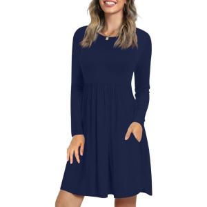 imageLONGYUAN Womens Long Sleeve Dresses Casual Loose Fit Swing Dress Hide Belly with PocketsNavy Blue
