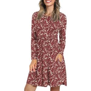 imageLONGYUAN Womens Long Sleeve Dresses Casual Loose Fit Swing Dress Hide Belly with PocketsRedwhite Fl