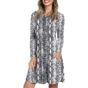 imageLONGYUAN Womens Long Sleeve Dresses Casual Loose Fit Swing Dress Hide Belly with PocketsSnake Print White