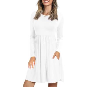 imageLONGYUAN Womens Long Sleeve Dresses Casual Loose Fit Swing Dress Hide Belly with PocketsWhite