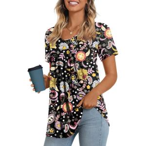 imageLONGYUAN Womens Tunic Tops 2025 Short Sleeve Shirts Summer Casual Tee Comfy Blouses S4XLBlackcolorful Flower