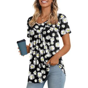 imageLONGYUAN Womens Tunic Tops 2025 Short Sleeve Shirts Summer Casual Tee Comfy Blouses S4XLBlacklittle Daisy