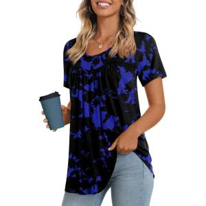 imageLONGYUAN Womens Tunic Tops 2025 Short Sleeve Shirts Summer Casual Tee Comfy Blouses S4XLBlue Flowers
