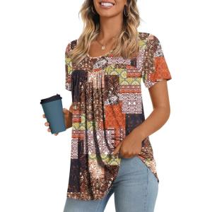 imageLONGYUAN Womens Tunic Tops 2025 Short Sleeve Shirts Summer Casual Tee Comfy Blouses S4XLColor Block Mixing