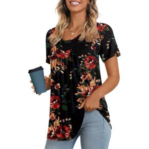 imageLONGYUAN Womens Tunic Tops 2025 Short Sleeve Shirts Summer Casual Tee Comfy Blouses S4XLFl Brown Black