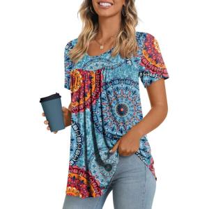 imageLONGYUAN Womens Tunic Tops 2025 Short Sleeve Shirts Summer Casual Tee Comfy Blouses S4XLFl Mix Blue