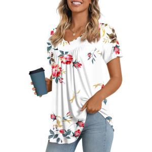 imageLONGYUAN Womens Tunic Tops 2025 Short Sleeve Shirts Summer Casual Tee Comfy Blouses S4XLFloral White
