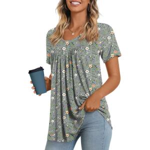 imageLONGYUAN Womens Tunic Tops 2025 Short Sleeve Shirts Summer Casual Tee Comfy Blouses S4XLGery Flowers