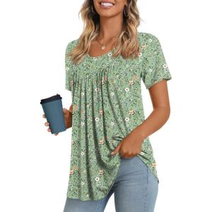 imageLONGYUAN Womens Tunic Tops 2025 Short Sleeve Shirts Summer Casual Tee Comfy Blouses S4XLGreen Flowers