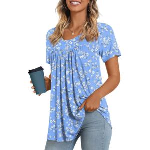 imageLONGYUAN Womens Tunic Tops 2025 Short Sleeve Shirts Summer Casual Tee Comfy Blouses S4XLLb White Flower