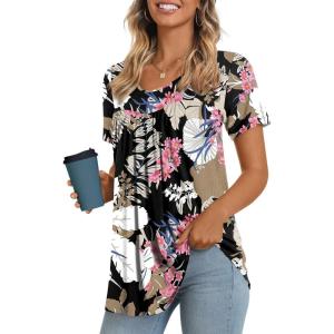 imageLONGYUAN Womens Tunic Tops 2025 Short Sleeve Shirts Summer Casual Tee Comfy Blouses S4XLLeafpink Flower
