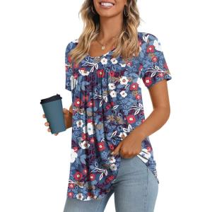 imageLONGYUAN Womens Tunic Tops 2025 Short Sleeve Shirts Summer Casual Tee Comfy Blouses S4XLMixed Blue Redflower
