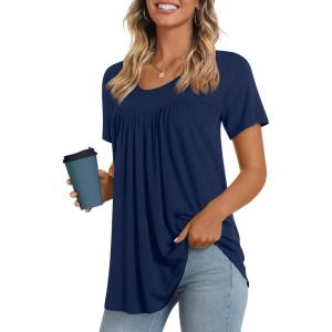 imageLONGYUAN Womens Tunic Tops 2025 Short Sleeve Shirts Summer Casual Tee Comfy Blouses S4XLNavy Blue