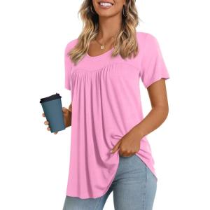 imageLONGYUAN Womens Tunic Tops 2025 Short Sleeve Shirts Summer Casual Tee Comfy Blouses S4XLPink
