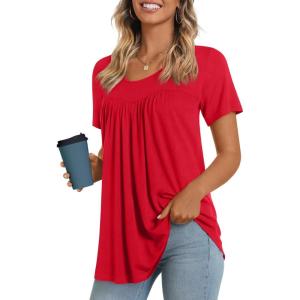 imageLONGYUAN Womens Tunic Tops 2025 Short Sleeve Shirts Summer Casual Tee Comfy Blouses S4XLRed