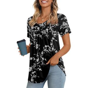 imageLONGYUAN Womens Tunic Tops 2025 Short Sleeve Shirts Summer Casual Tee Comfy Blouses S4XLWhite Black Flower