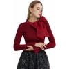 imageCHICWISH Women Bow Tied Long Sleeve Knit Top Mock Neck Slim Fitted Elegant Blouses Top Solid Wrap Pullover TopsBurgundy